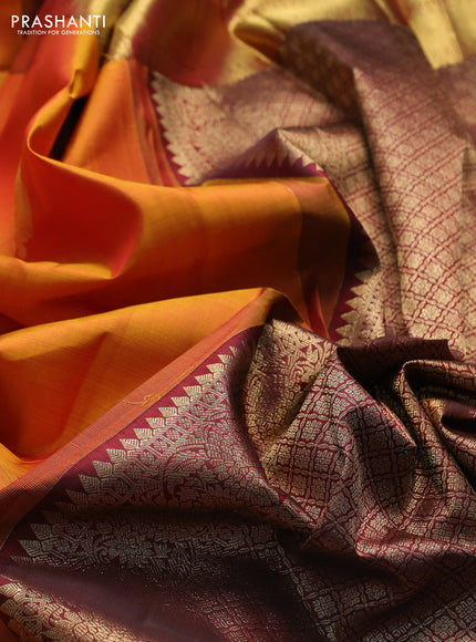 Pure kanchipuram silk saree mustard yellow and deep maroon with zari woven buttas and zari woven border