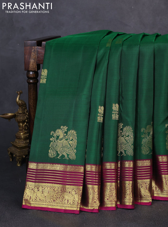 Pure kanchipuram silk saree green and magenta pink with zari woven buttas and zari woven border