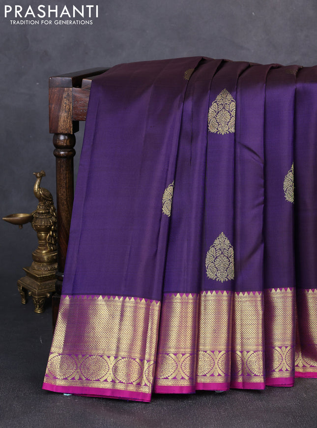 Pure kanchipuram silk saree deep violet and pink with zari woven buttas and zari woven border