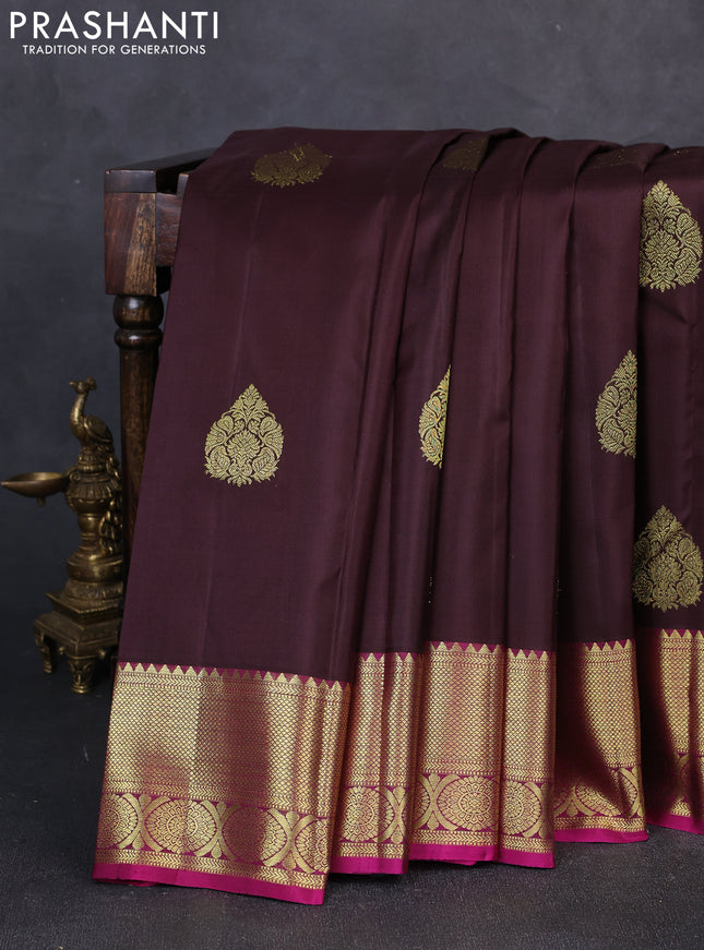 Pure kanchipuram silk saree coffee brown and pink with zari woven buttas and zari woven border