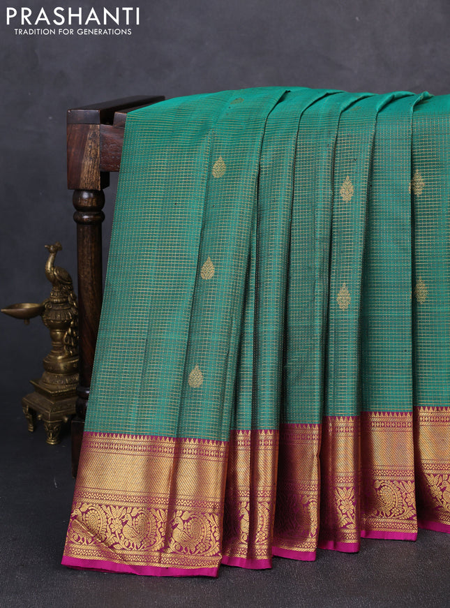 Pure kanchipuram silk saree green and magenta pink with allover zari small checks & buttas and zari woven border