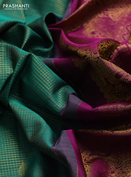 Pure kanchipuram silk saree green and magenta pink with allover zari small checks & buttas and zari woven border