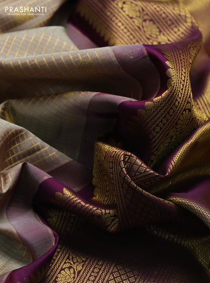 Pure kanchipuram silk saree beige and deep wine with allover zari small checks & buttas and zari woven border