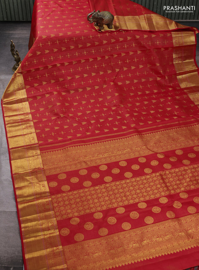 Pure kanchipuram silk saree red with allover vairaosi pattern & zari buttas and zari woven border
