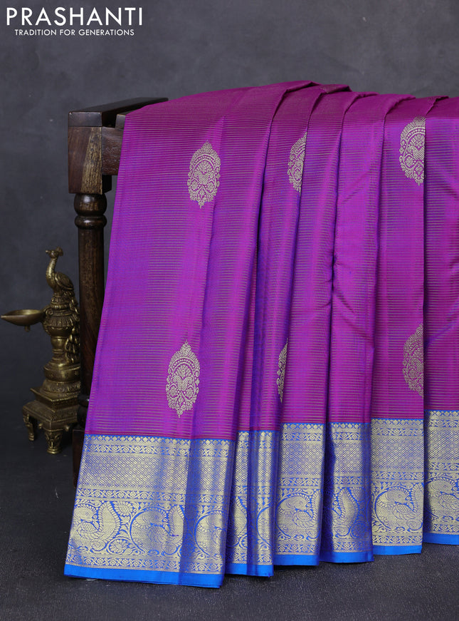 Pure kanchipuram silk saree purple and cs blue with allover vairaosi pattern & zari buttas and zari woven border