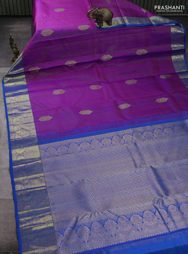 Pure kanchipuram silk saree purple and cs blue with allover vairaosi pattern & zari buttas and zari woven border