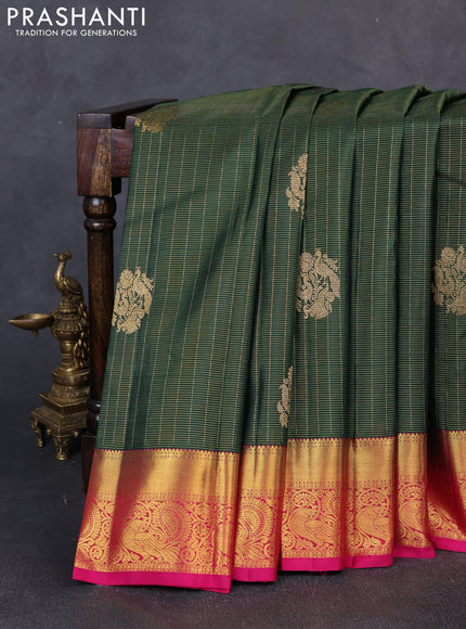 Pure kanchipuram silk saree bottle green and pink with allover zari small checks & buttas and rich zari woven border