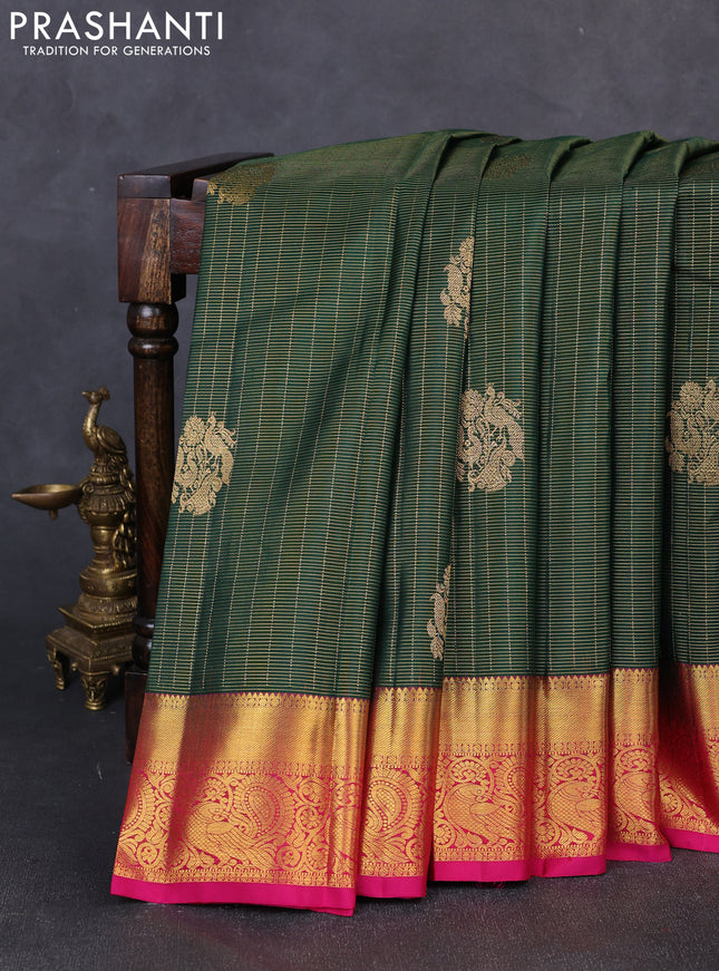 Pure kanchipuram silk saree bottle green and pink with allover zari small checks & buttas and rich zari woven border