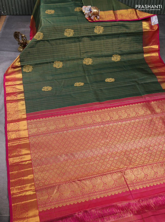 Pure kanchipuram silk saree bottle green and pink with allover zari small checks & buttas and rich zari woven border