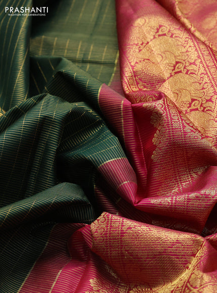 Pure kanchipuram silk saree bottle green and pink with allover zari small checks & buttas and rich zari woven border