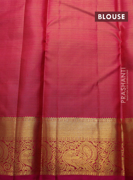 Pure kanchipuram silk saree bottle green and pink with allover zari small checks & buttas and rich zari woven border