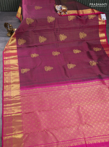 Pure kanchipuram silk saree deep wine and pink with allover zari small checks & buttas and rich zari woven border