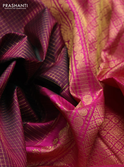 Pure kanchipuram silk saree deep wine and pink with allover zari small checks & buttas and rich zari woven border