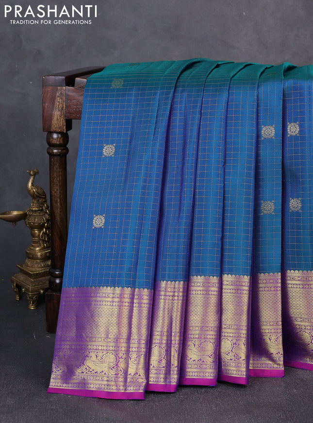 Pure kanchipuram silk saree dual shade of bluish green and pink with allover zari small checks & buttas and zari woven border