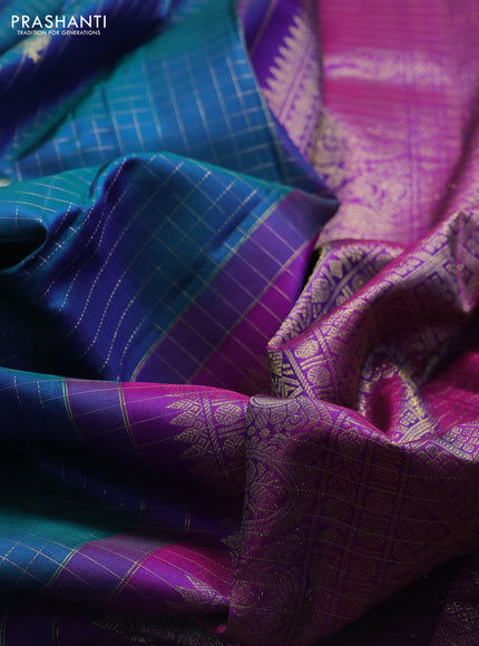 Pure kanchipuram silk saree dual shade of bluish green and pink with allover zari small checks & buttas and zari woven border
