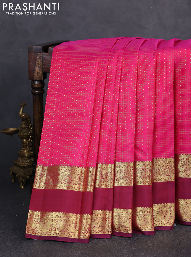 Pure kanchipuram silk saree pink and purple with allover zari checks & buttas and rettapet zari woven border