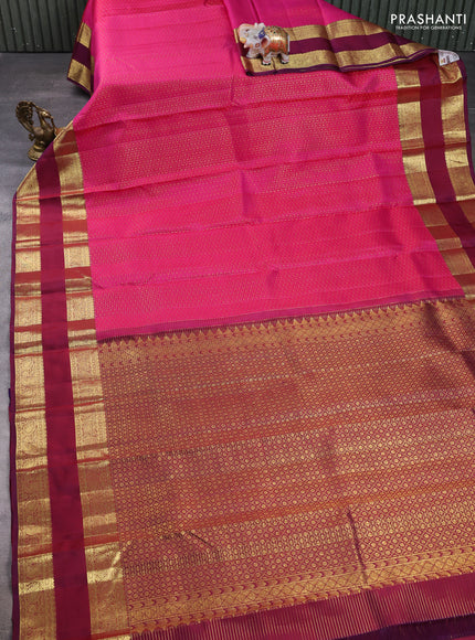 Pure kanchipuram silk saree pink and purple with allover zari checks & buttas and rettapet zari woven border