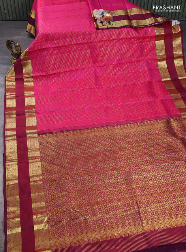 Pure kanchipuram silk saree pink and purple with allover zari checks & buttas and rettapet zari woven border