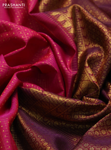 Pure kanchipuram silk saree pink and purple with allover zari checks & buttas and rettapet zari woven border