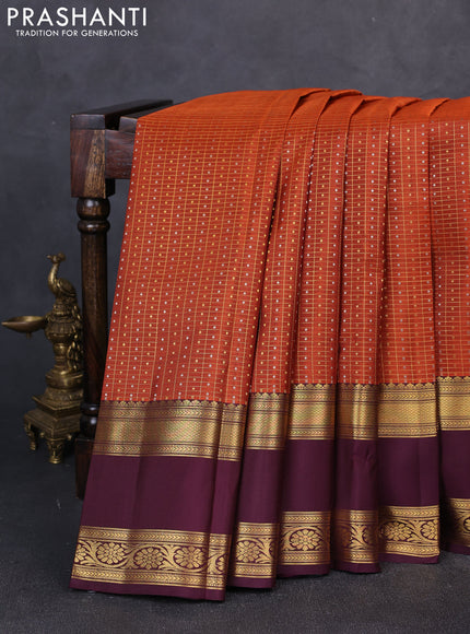Pure kanchipuram silk saree rustic orange and coffee brown with allover zari checks & buttas and rettapet zari woven border