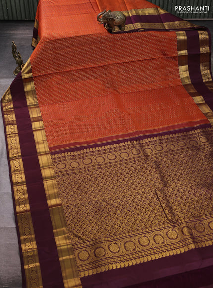 Pure kanchipuram silk saree rustic orange and coffee brown with allover zari checks & buttas and rettapet zari woven border