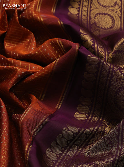 Pure kanchipuram silk saree rustic orange and coffee brown with allover zari checks & buttas and rettapet zari woven border