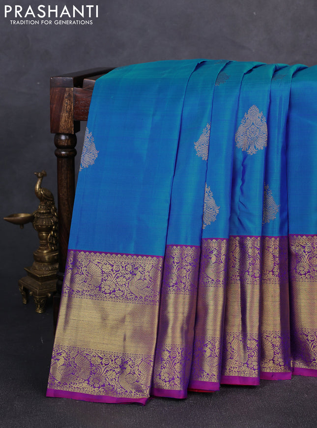 Pure kanchipuram silk saree blue and pink with zari woven buttas and long zari woven border