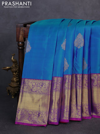 Pure kanchipuram silk saree blue and pink with zari woven buttas and long zari woven border