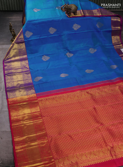 Pure kanchipuram silk saree blue and pink with zari woven buttas and long zari woven border
