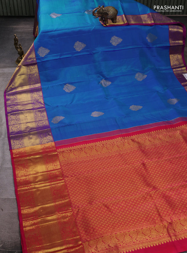 Pure kanchipuram silk saree blue and pink with zari woven buttas and long zari woven border