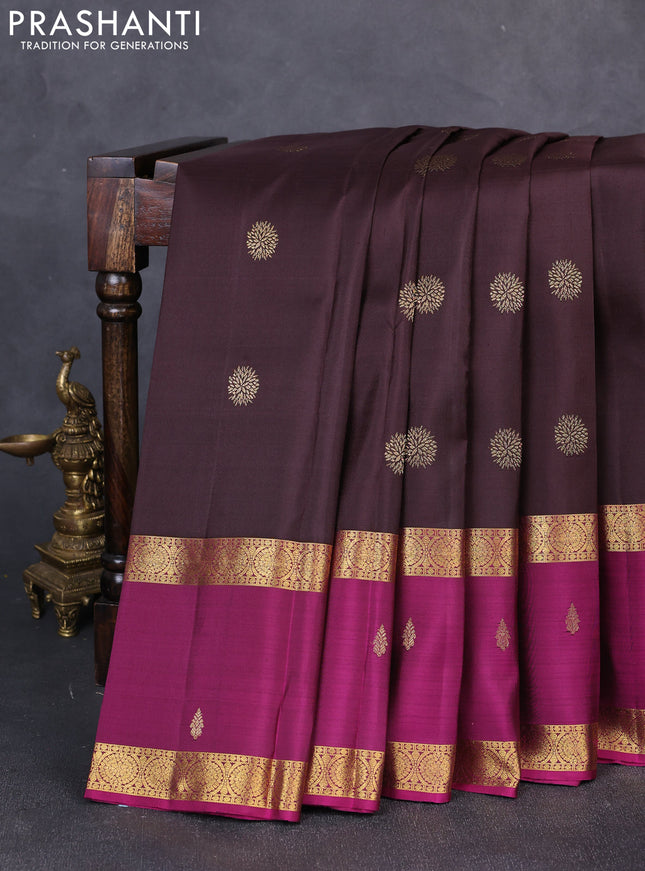 Pure kanchipuram silk saree coffee brown and magenta pink with zari woven buttas and rettapet zari woven border