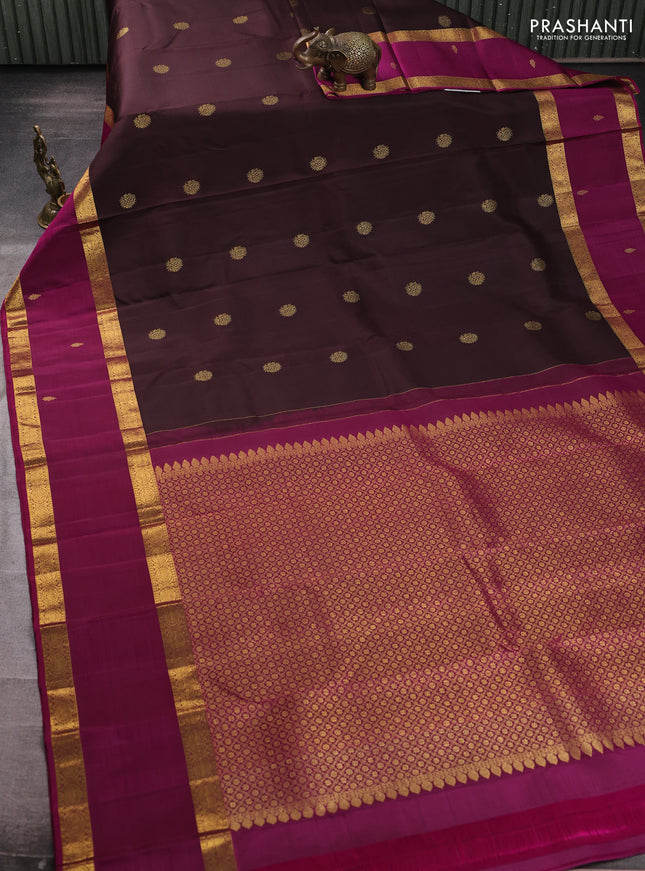 Pure kanchipuram silk saree coffee brown and magenta pink with zari woven buttas and rettapet zari woven border