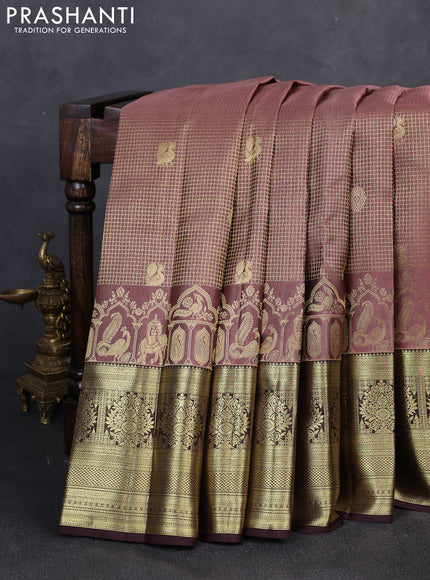 Pure kanchipuram silk saree rosy brown and coffee brown with allover zari small checks & buttas and long zari woven border