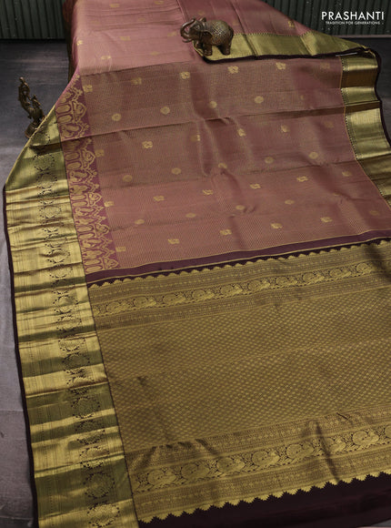 Pure kanchipuram silk saree rosy brown and coffee brown with allover zari small checks & buttas and long zari woven border