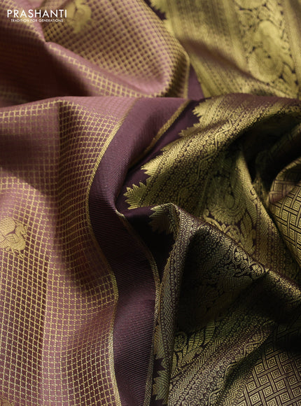 Pure kanchipuram silk saree rosy brown and coffee brown with allover zari small checks & buttas and long zari woven border