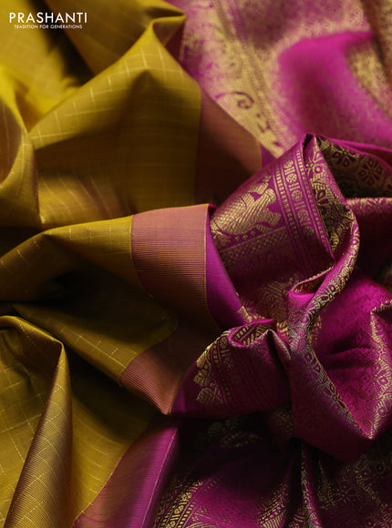 Pure kanchipuram silk saree mustard green and magenta pink with allover zari checks & buttas and long zari woven border