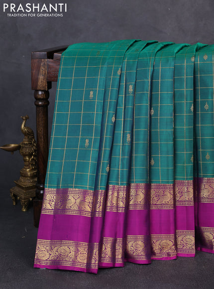Pure kanchipuram silk saree dual shade of green and magenta pink with allover zari checks & buttas and rettapet zari woven border