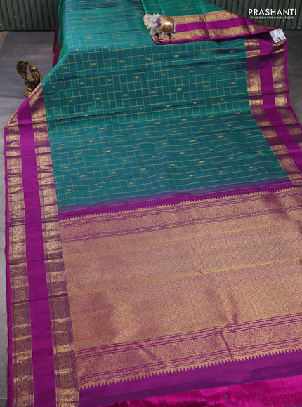 Pure kanchipuram silk saree dual shade of green and magenta pink with allover zari checks & buttas and rettapet zari woven border