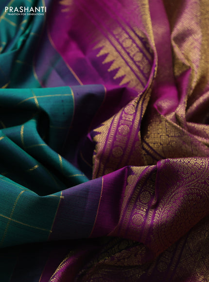 Pure kanchipuram silk saree dual shade of green and magenta pink with allover zari checks & buttas and rettapet zari woven border