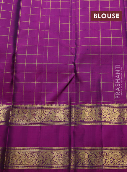 Pure kanchipuram silk saree dual shade of green and magenta pink with allover zari checks & buttas and rettapet zari woven border