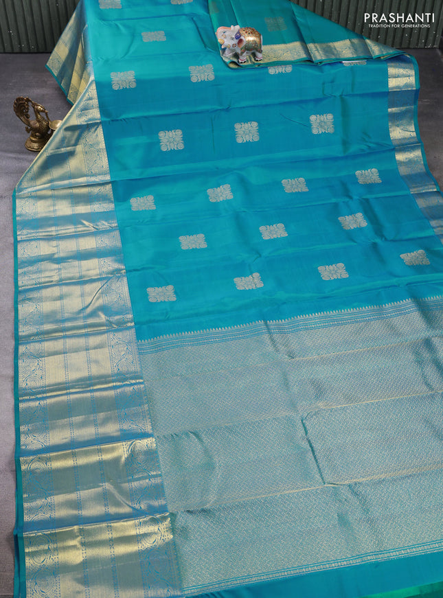 Pure kanchipuram silk saree teal blue with zari woven buttas and long zari woven border