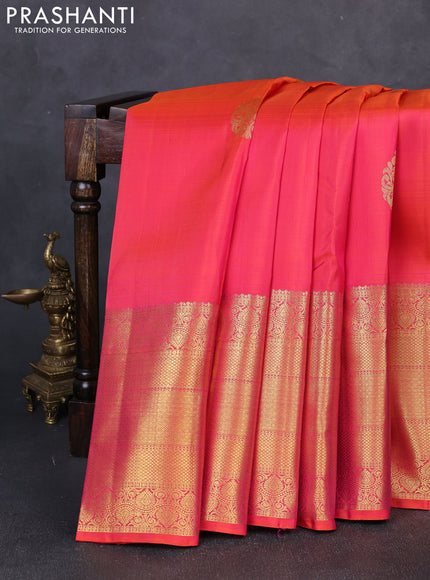 Pure kanchipuram silk saree dual shade of pinkish orange with zari woven buttas and long zari woven border