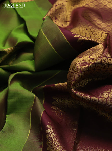Pure kanchipuram silk saree green and coffe brown with zari woven buttas and long rich zari woven border