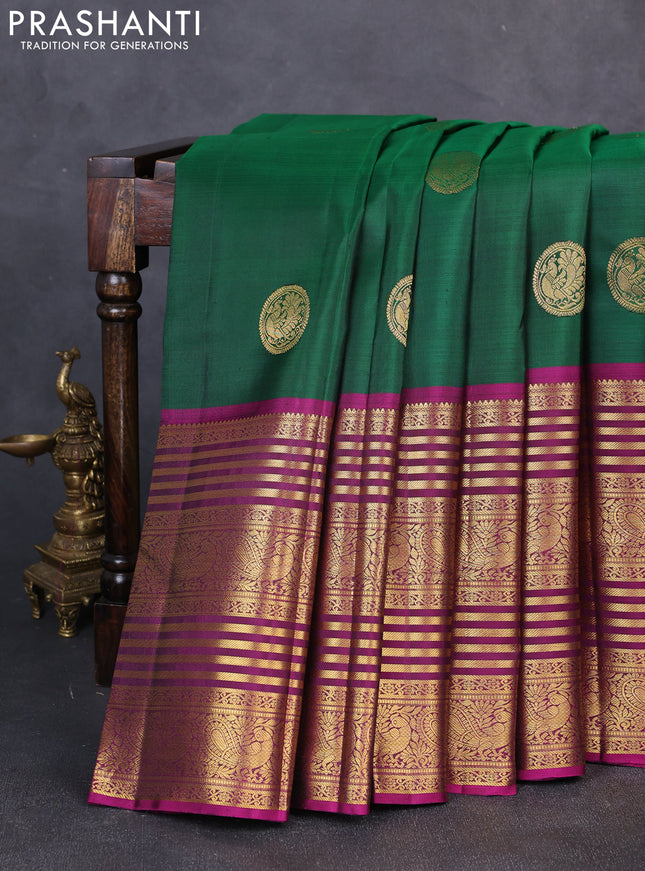 Pure kanchipuram silk saree green and pink with zari woven buttas and long zari woven border