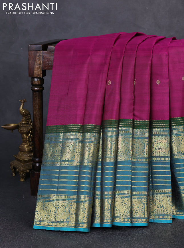 Pure kanchipuram silk saree wine shade and teal green with zari woven buttas and long zari woven border