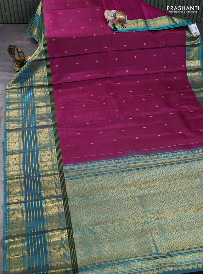 Pure kanchipuram silk saree wine shade and teal green with zari woven buttas and long zari woven border