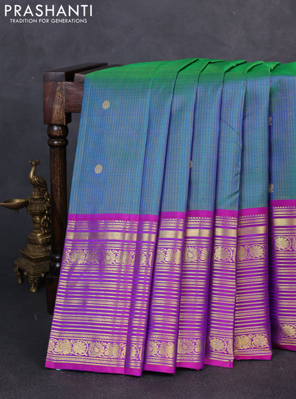 Pure kanchipuram silk saree dual shade of green and pink with allover small zari checks & buttas and long zari woven border
