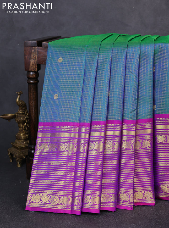 Pure kanchipuram silk saree dual shade of green and pink with allover small zari checks & buttas and long zari woven border