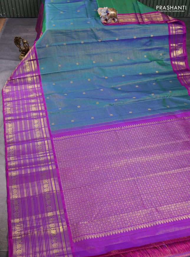 Pure kanchipuram silk saree dual shade of green and pink with allover small zari checks & buttas and long zari woven border