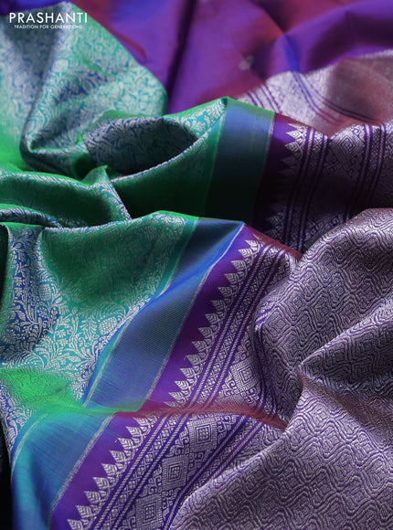 Pure kanchipuram silk saree teal green and blue with allover silver zari brocade weaves and silver zari woven butta border